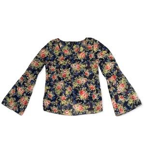 Blue Floral Bell Sleeve Blouse